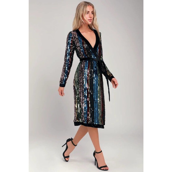 Lulu's Pretty Prismatic Rainbow Striped Sequin Midi Robe Dress TS Era's Style S - Picture 12 of 15